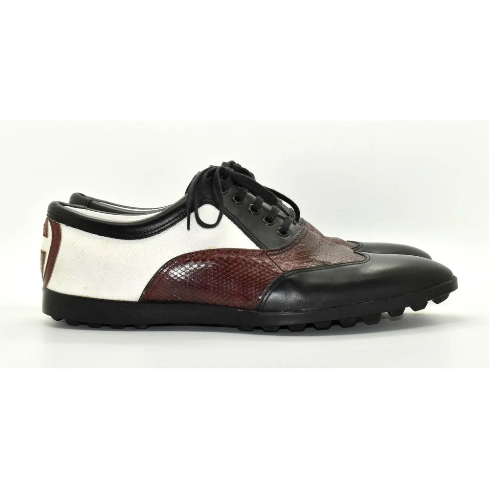 D5 Auth GUCCI Black Burgundy White Snakeskin & Canvas Double G Oxfords Size 11 D